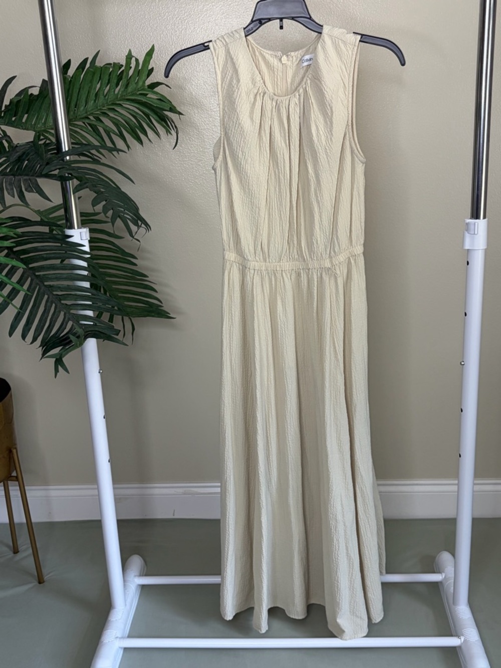 Calvin Klein Sleeveless Midi Dress Cream Textured Fit and Flare Women’s Small